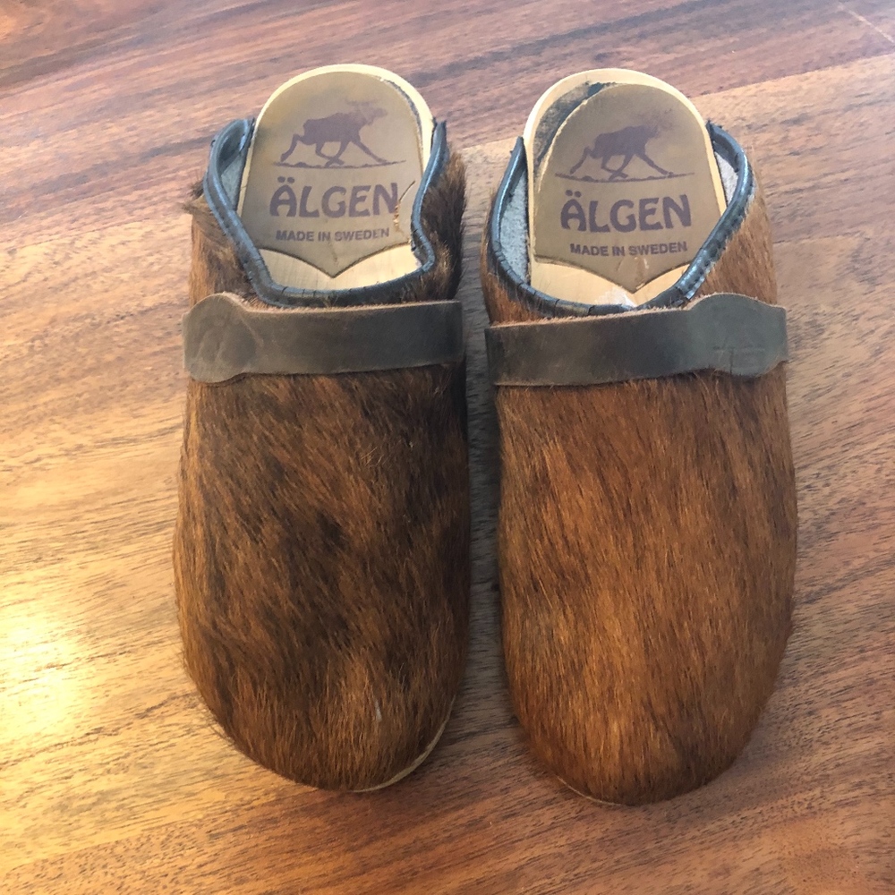 Swedish Algen clogs brown cream faux calf hair